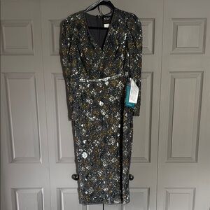 Mac Duggal Black and Gold Puff Sleeve Sheath Dress